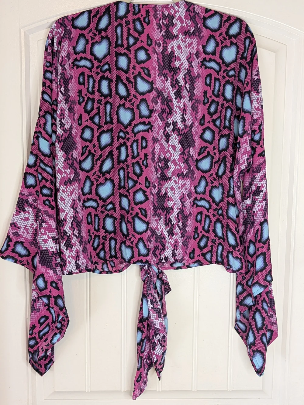Peace Love Cake Bold Snake Print Patterned Tie Front Blouse Flared Sleeves